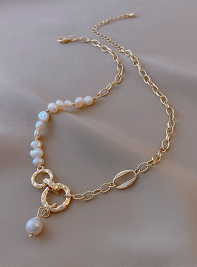 异形淡水珍珠圆环拼接项链韩版时尚气质网红设计感金属珍珠锁骨链