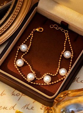 18k真金电镀珍珠手链O链可调节百搭手饰双层韩版气质欧美流行饰品