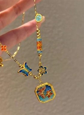 纯铜镀金珐琅彩蝴蝶项链轻奢小众高级感精致古风毛衣链女生日礼物