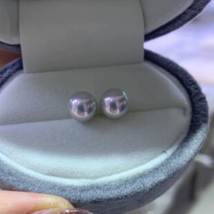 日本天然海水珍珠耳钉akoya真多麻银蓝光8-9mm耳饰s925银简约