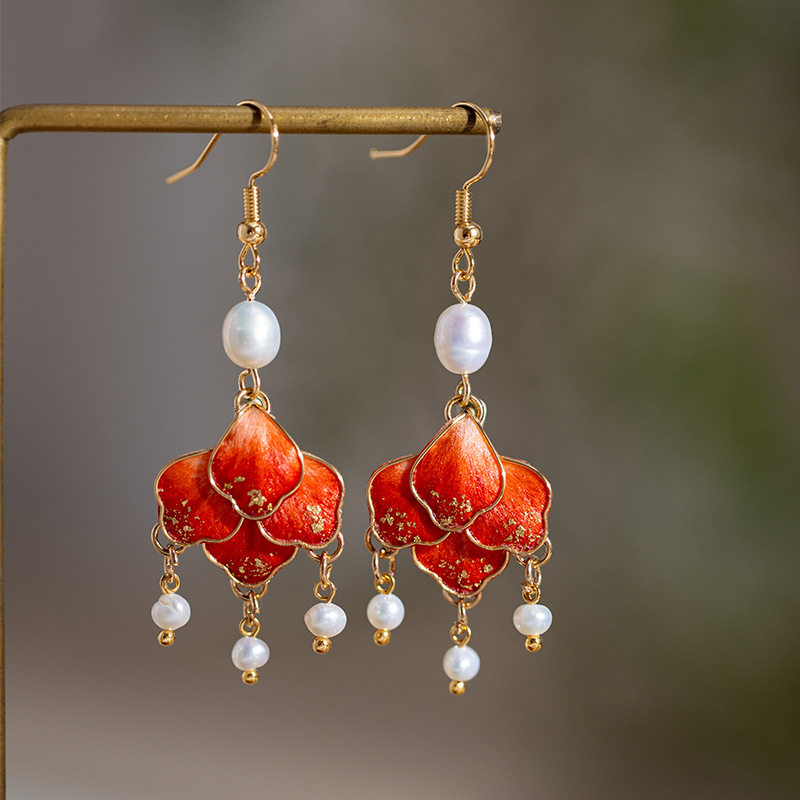 非遗绒花耳环红色显瘦高级感旗袍茶服配饰淡水珍珠气质耳饰古典,饰品/流行首饰/时尚饰品新,耳环,淘宝优惠券,粉丝福利购,淘宝优惠卷