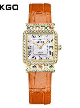 正品新款MKGO热卖方形小表盘女士手表镶钻轻奢红色绿皮带装饰女表