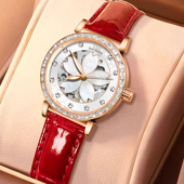 DAYBIRD时尚 正品 新款 红色皮带满钻全自动机械女士手表高级感女表