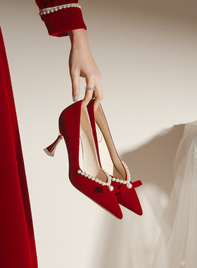 X786 婚鞋红色绒面伴娘高跟鞋尖头细跟秀禾鞋新款大码新娘鞋32-43