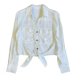 通勤风白色棉麻衬衫女长袖单排扣系带干练上衣