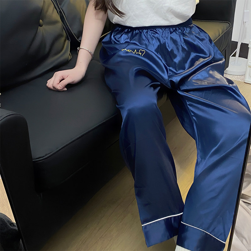 男女士睡裤春夏四季可穿家居裤冰丝绸缎可外穿宽松大码长裤子蓝色