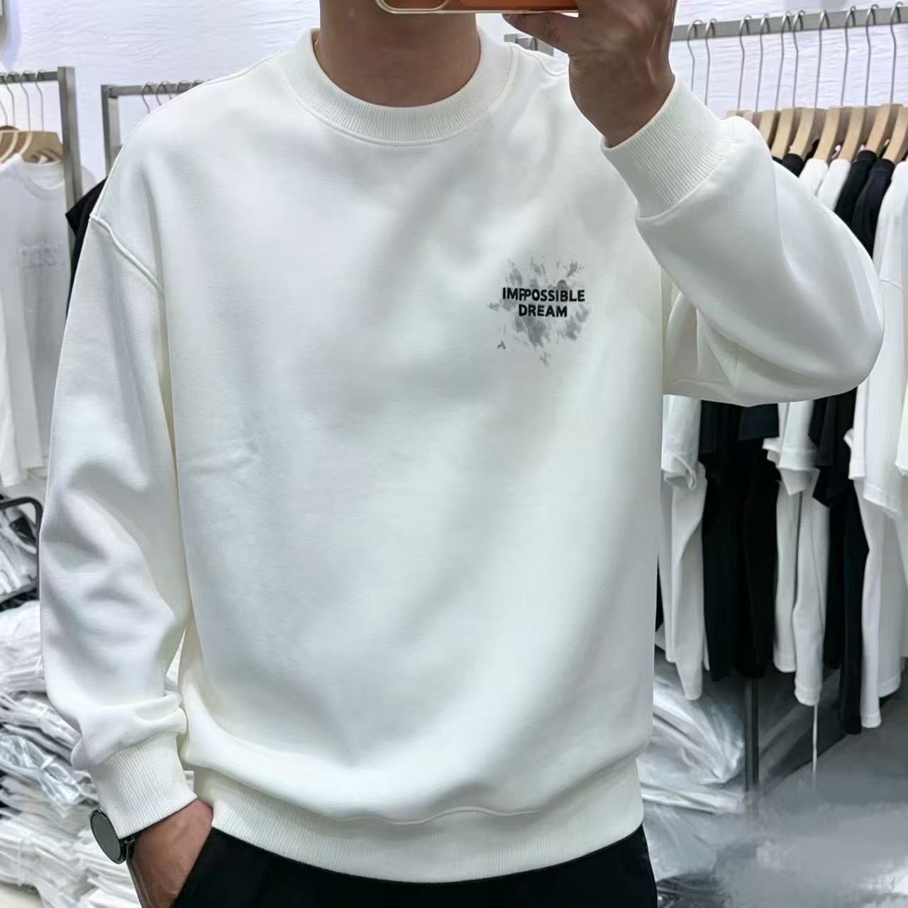 秋冬新款男士潮牌圆领宽松休闲小标印花卫衣时尚百搭纯色上衣打底