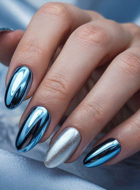 时尚欧美ins风中长款椭圆形美甲蓝色亮面美甲片可拆卸穿戴甲批发