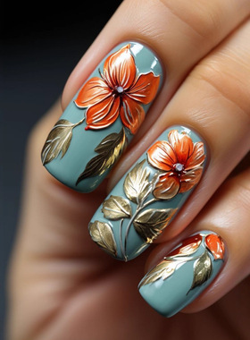 外贸热销穿戴甲片橙色花朵长款美甲贴片press on nails穿戴假指甲