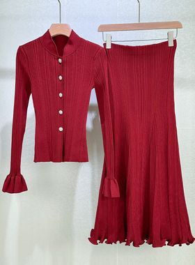 名媛气质新年圣诞穿搭巨好看红色显白弹力针织上衣半裙包臀两件套