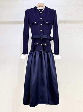 秋冬2025藏蓝色千金风小香针织拼接塔夫绸高级感气质显瘦连衣裙