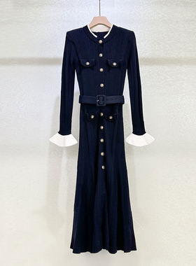 明星同款！！ 秋冬2025藏蓝色气质通勤撞色千金风针织连衣裙