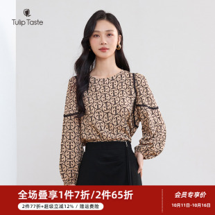 复古圆领花边长袖 时尚 宽松套头上衣 女气质通勤秋季 郁香菲印花衬衫
