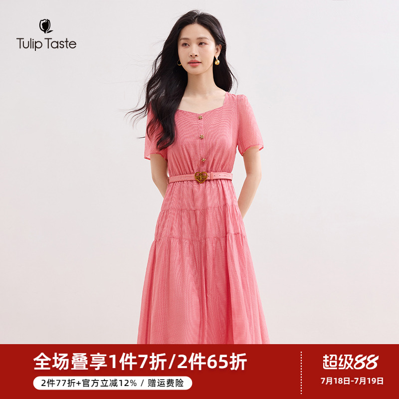 郁香菲优雅格纹方领连衣裙