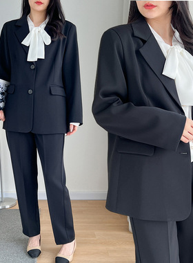 大码黑色西装西裤外套女装300斤胖mm230宽松休闲正装西服上衣200