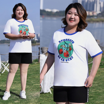 胖妈妈中年大码女装印花短袖T恤