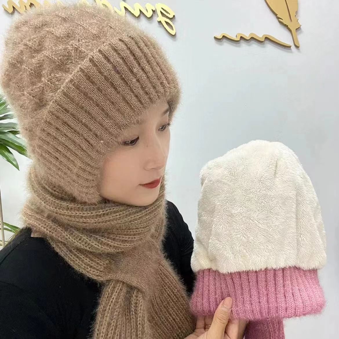 帽子女2023新款冬季加绒洋气秋冬季毛线帽女时尚新款帽子围巾一体