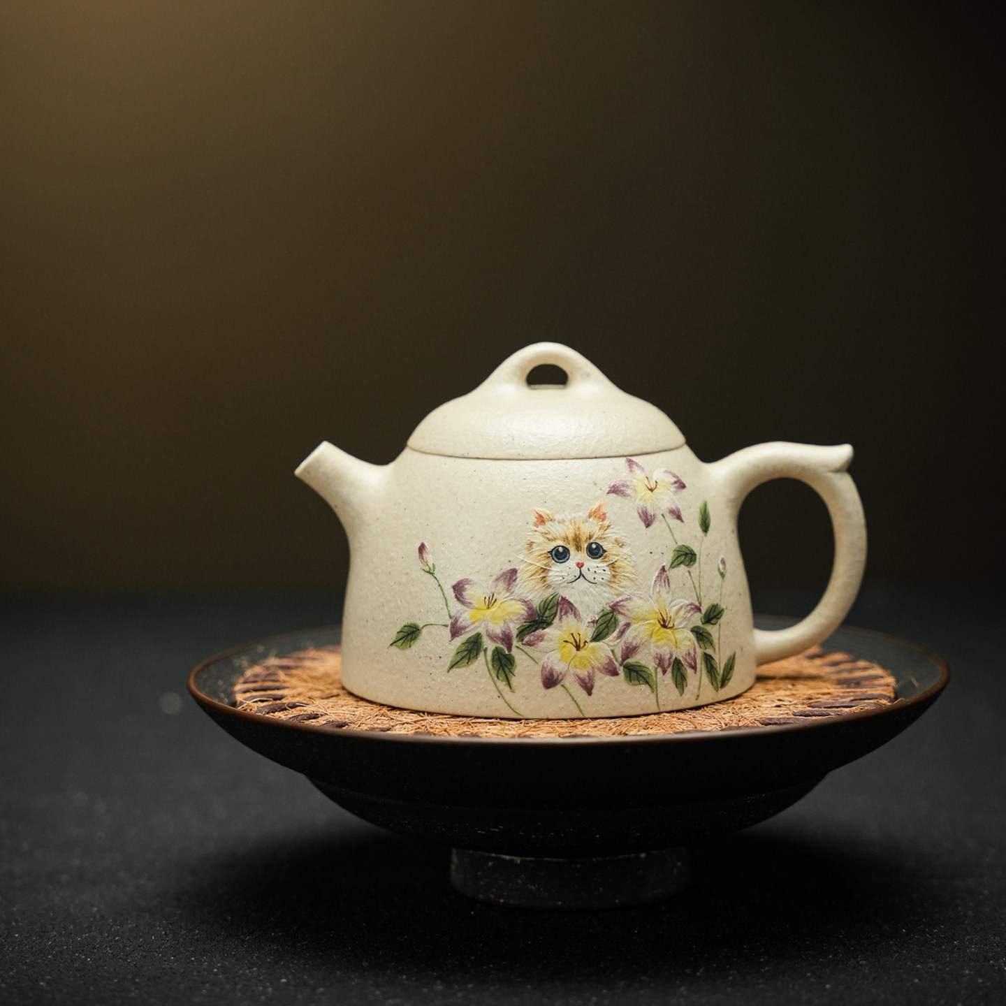 【文人茶器】宜兴紫砂壶原矿白玉段一人饮茶壶泥绘猫咪秦权150cc