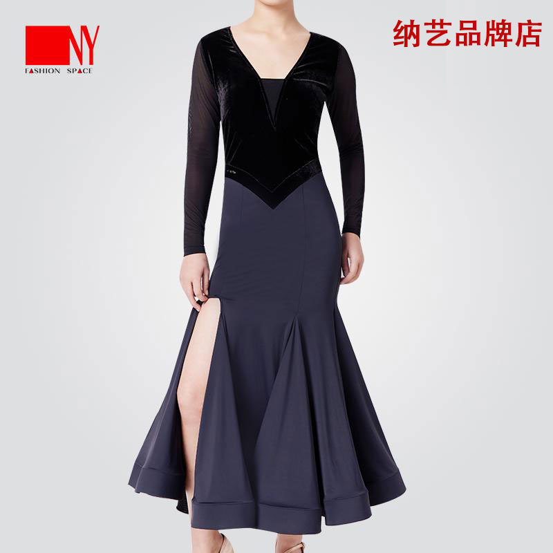 NY纳艺V领开叉裙摆摩登裙女士显瘦修身性感国标舞大摆黑色连衣裙