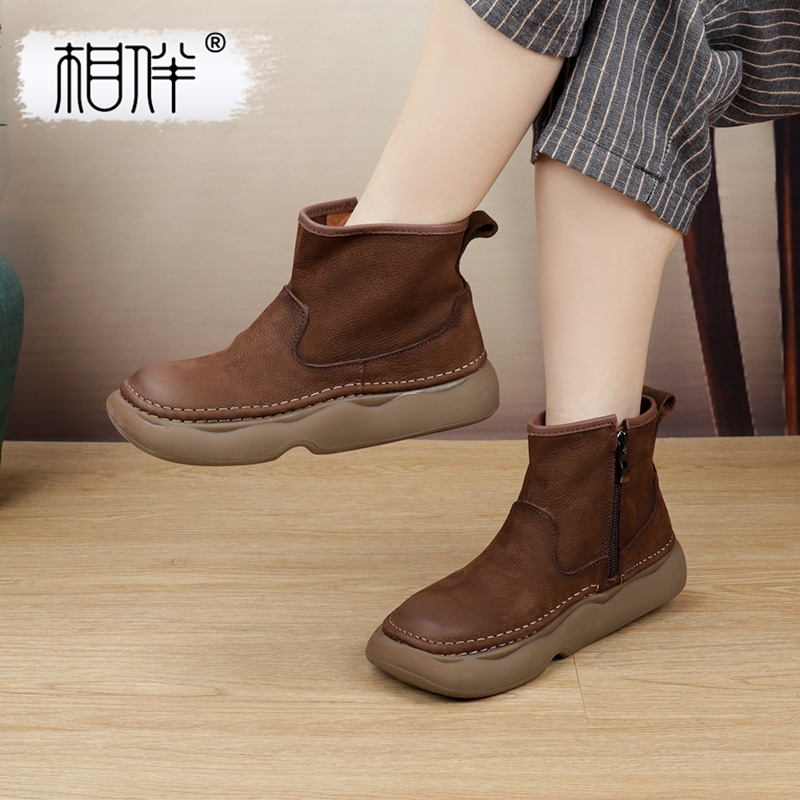 相伴平底短靴复古切尔西靴厚底靴