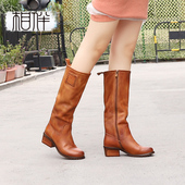 相伴冬季 皮靴新款 高筒靴真皮长靴长筒靴女靴民族风棕色粗跟靴子