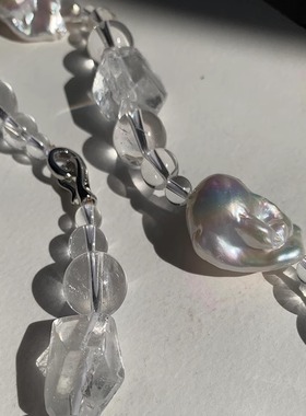 7A能量石系 极光 淡水巴洛克珍珠项链 极光大巴 白水晶天然石