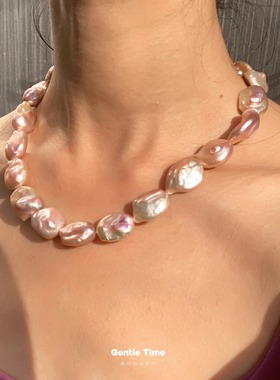 Gentle Time 天然淡水巴洛克珍珠项链 不规则圆 小众极光炫彩银蓝