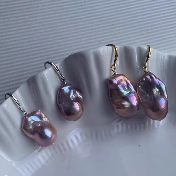 Gentle Time 极美鱼尾天然淡水巴洛克珍珠耳钩紫色炫彩大巴 925银