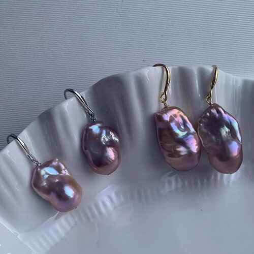 Gentle Time 极美鱼尾天然淡水巴洛克珍珠耳钩紫色炫彩大巴 925银