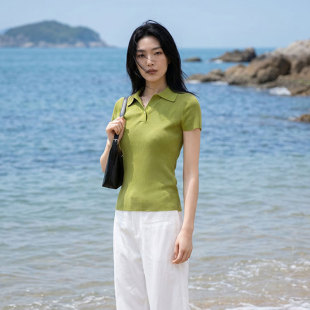 【100%莱赛尔】陌可polo领正肩短袖t恤女高级感针织衫翻领上衣