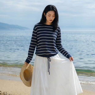 陌可/黑白条纹假日轻薄百搭长袖圆领T恤女宽松显瘦撞色上衣打底衫