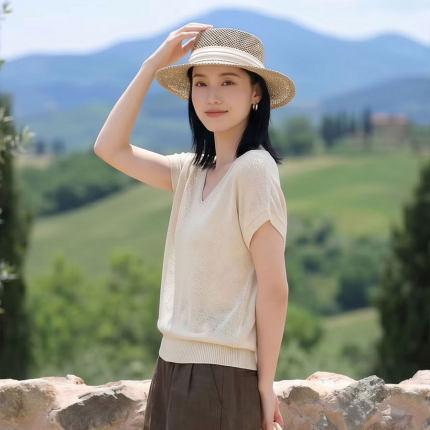 陌可/夏季V领短袖套头针织衫女宽松显瘦休闲上衣宽松通勤透气0086