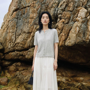 陌可/棉亚麻混纺短袖圆领针织衫开衫T恤上衣女打底衫亲肤透气休闲