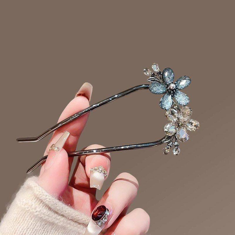 高级感琉璃水晶花朵U型发簪女后脑勺盘发簪子现代简约丸子头发钗
