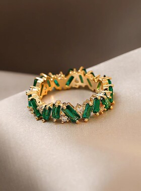 新款锆石复古祖母绿开口戒指小众设计轻奢高级感指环简约气质百搭