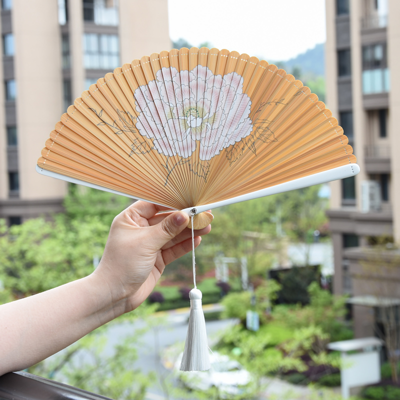 全竹喷绘牡丹迷你手持舞蹈扇子