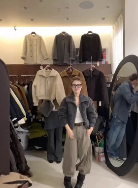 2025秋冬新款女装灰色毛呢外套女宽松长袖短款外套皮毛一体