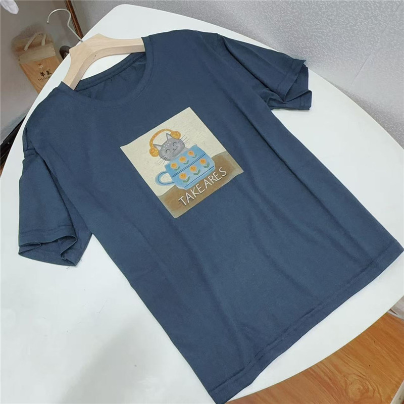 卡通风猫咪印花短袖T恤女韩版宽松圆领减龄上衣