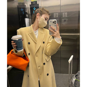 100%双面羊绒大衣高端西装毛呢外套女过膝纯色双排扣羊绒呢大衣