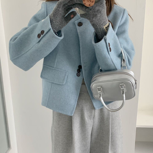 蓝色羊绒双面呢子大衣女短款2025新款高级感小个子小香风毛呢外套