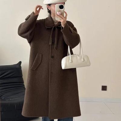 灰色双面羊绒大衣女中长款2025秋冬韩版娃娃领宽松小个子羊毛外套