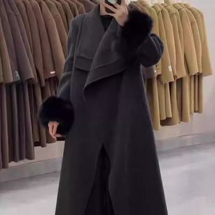 高级韩版 宽松外套气质羊毛呢子外套 双面毛呢大衣狐狸毛大翻领长款