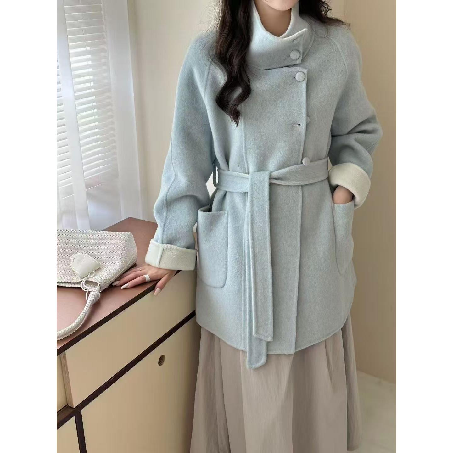 2025秋冬韩版宽松小个子双面羊绒大衣高级感气质系带羊毛外套女