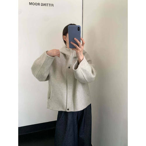 秋冬连帽短款羊毛双面呢大衣女