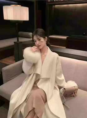 精致少女2026秋冬款双面尼外套高端羊绒呢子大衣中长款狐狸毛领
