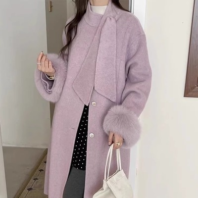 2025秋冬新款双面羊绒大衣女中长款狐狸毛袖口羊毛呢子外套高级感