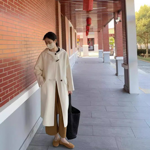 2025秋冬新款双面羊绒大衣韩系加厚牛角扣黑色中长款羊毛呢外套女