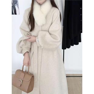 2025新款毛呢大衣女中长款灯笼袖收腰系带毛领外套女装长袖毛呢外