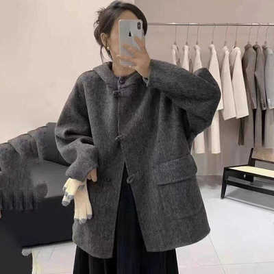 灰色韩系宽松羊毛大衣女2025秋冬慵懒连帽双面羊绒小个子毛呢外套
