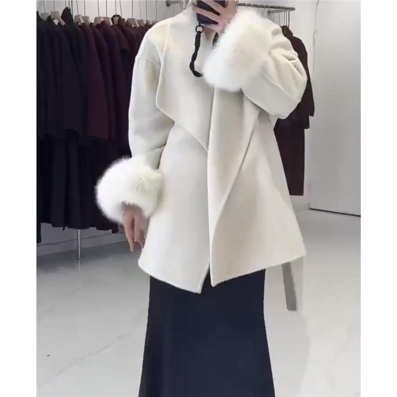 韩版双面羊绒大衣2025冬季可拆卸狐狸毛高级感斗篷毛呢中长款外套